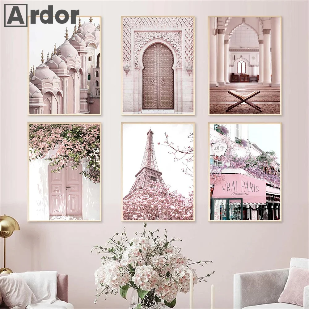 Bismillah Islamic Posters Morocco Door Pink Flower Eiffel Tower Canvas Painting Muslim Wall Art Print Pictures Living Room Decor