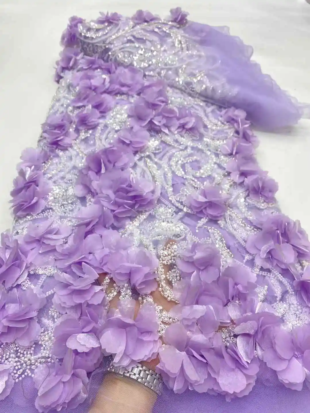 Tulle With 3d Flowers High Quality Beads Nigerian Party Lace Fabric 2025 Bridal Party Lace For Sewing Dress Wedding-DP