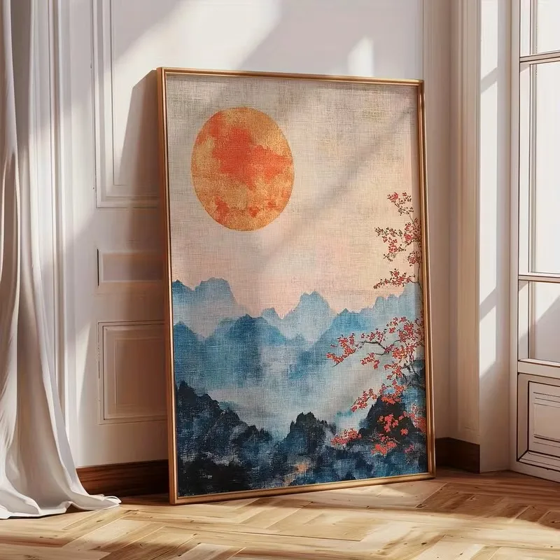 

Retro Japanese Landscape Red Sun Hazy Blue Canvas Poster Living Room Decoration Bedroom Aesthetic Design Home Decoration