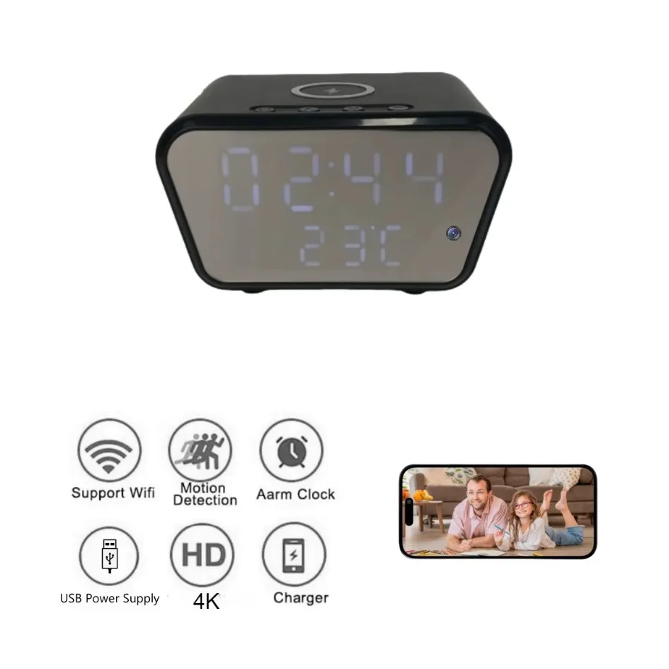 

4K HD Alarm Clock Camera Wireless Charger Mini Security Cameras Display Temperature Motion Detection Camcorder Home Surveillance