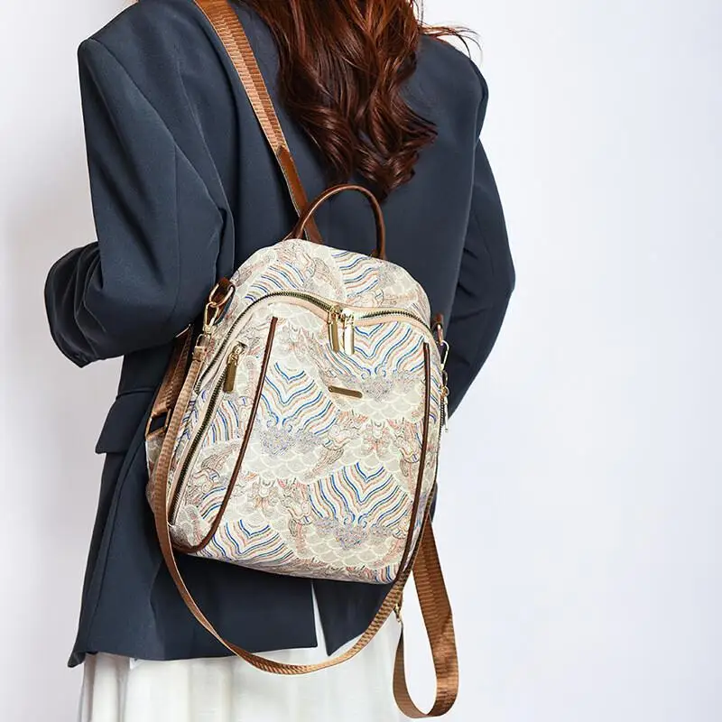 

New Style Chinese Style Stripe Backpack Retro Zipper Waterproof Leisure Portable Man Student Crossbody Handheld Shoulder Bag