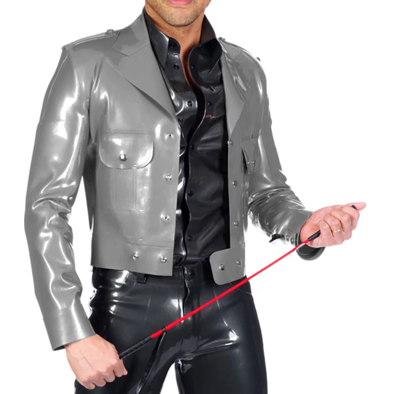 

Silver Sexy Latex Band Officers's Mess Jacket With Pockets Waistband Buttons Short Rubber Military Uniform Coat Clothes Top 418