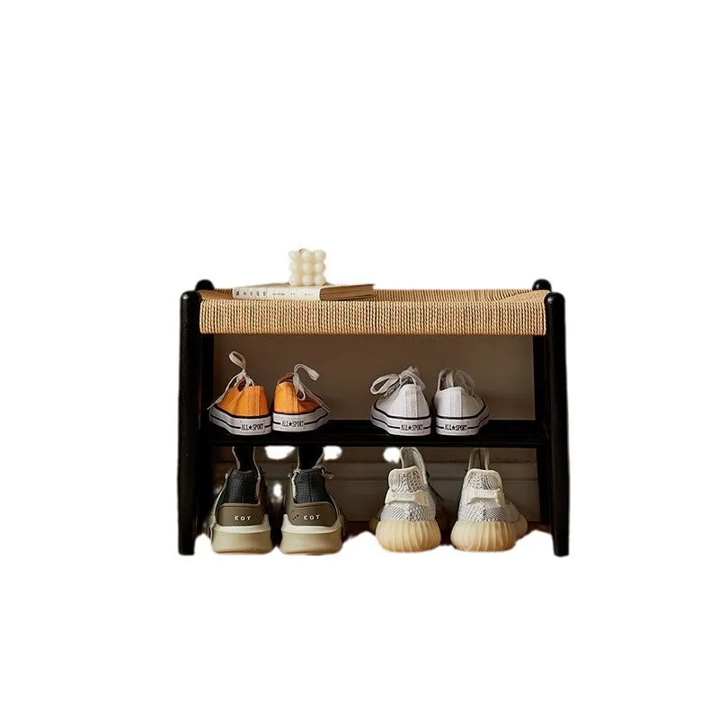 #Solid wood shoe changing stool household rope woven ins wind into the home black log color modern simple double-layer shoe rack