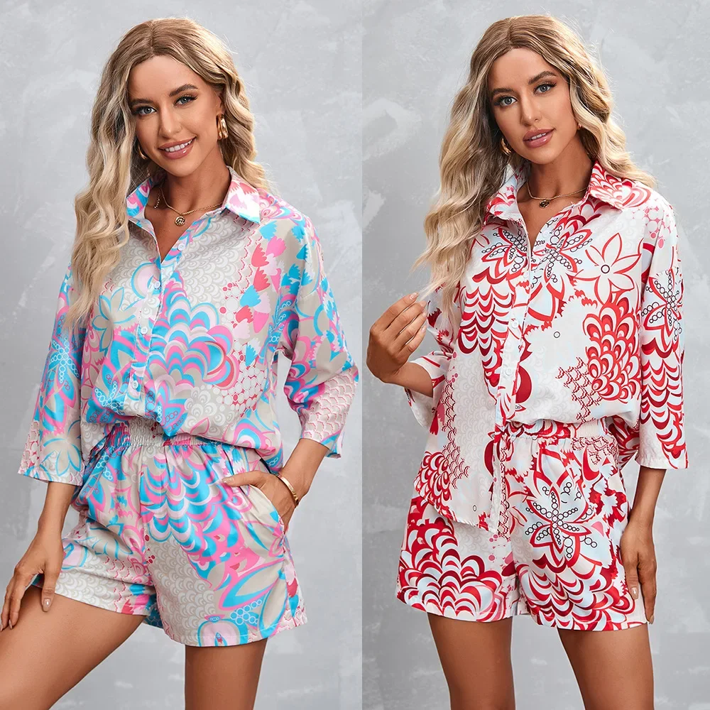 Sommer Turn Down Kragen Shirt 2ps Vintage Print Kurzarm Knopf Hemd und Shorts Set 2 Stück Sets Damen Outfits Frauen Set