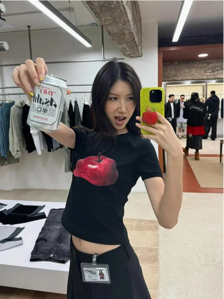 Tawaaiw American Retro Slim Crop Top Short Sleeve T Shirt Women Clothes Korean Fashion Summer Tops Skinny Streetwear Tees Y2k