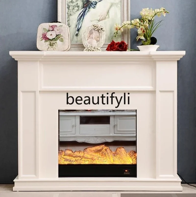 

X TV cabinet simple electric fireplace heating solid wood ivory white mantel