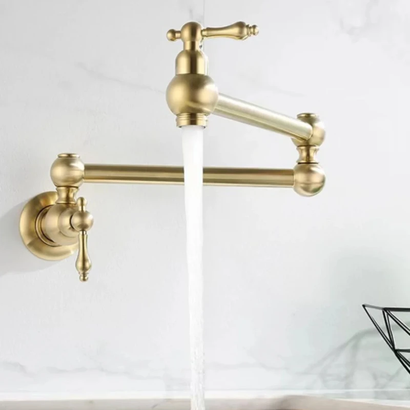 Brushed Gold Kitchen Faucet Wall-Mounted Brass Sink Tap Cold Water 360° Rotation Mixer Elegant Bathroom Fixture