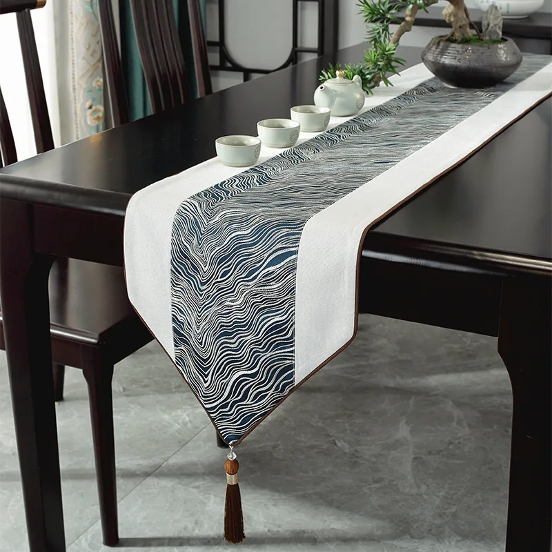 Chinese Style Table Runner Luxury with Tassel Spliced Jacquard for Wedding Hotel Dinner Party Shoe Cabinet Rural Home Decoration