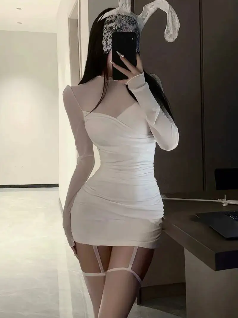 セクシーな純粋な欲望バトルローブメッシュ痩身秘書衣装ドレスエレガントなセクシーなパジャマメッシュレースミニドレス甘い薄手のGUR4