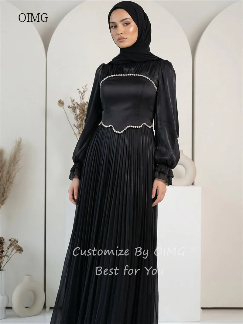 OIMG Modesto collo alto A Line abiti da ballo Eid maniche a lanterna abito da festa pieghettato abito da sera lungo fino al pavimento saudita personalizzato