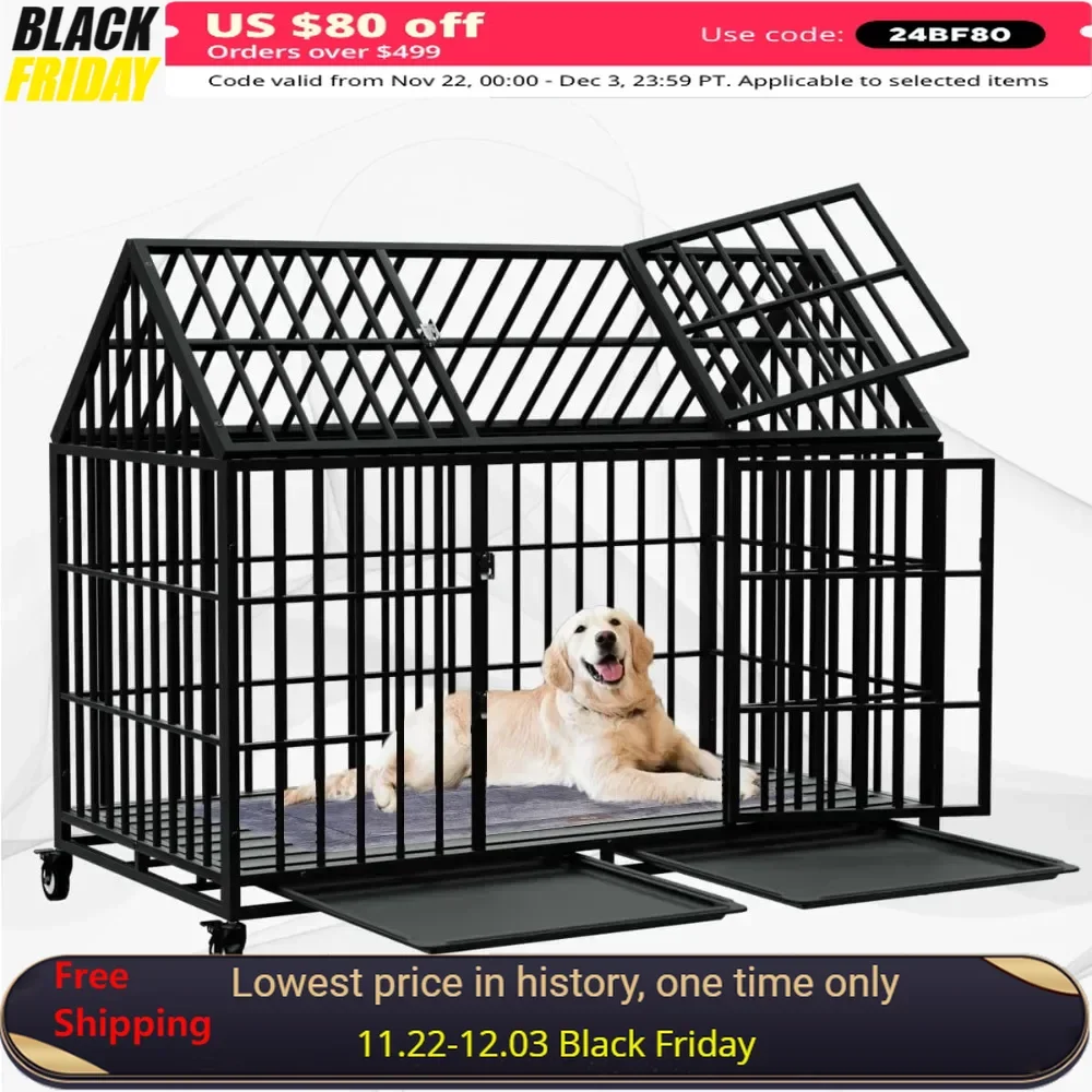 54/48 Inch Dog Crate Large Dogs Cage Strong Metal Dogs Kennels and Crates for Large Dogs Top Open with Wheels 2 Removable Trays