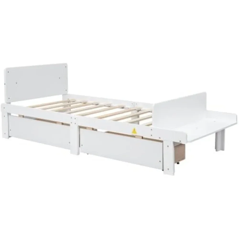 

%a Twin Bed Frame with Storage and Footboard Bench, Twin Size Wooden Bed with Dual Drawers, Ideal for Children's and Teen's Be