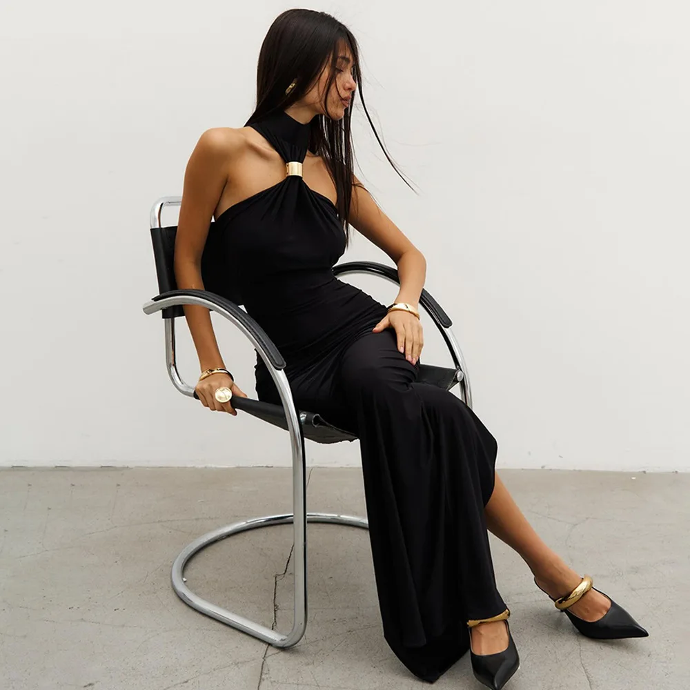 XIAOTANG Gold Ring Turtleneck Maxi Tank Dress Women Summer New Slim Fit Female Dress Sleeveless Back Split Bodycon Long Dress