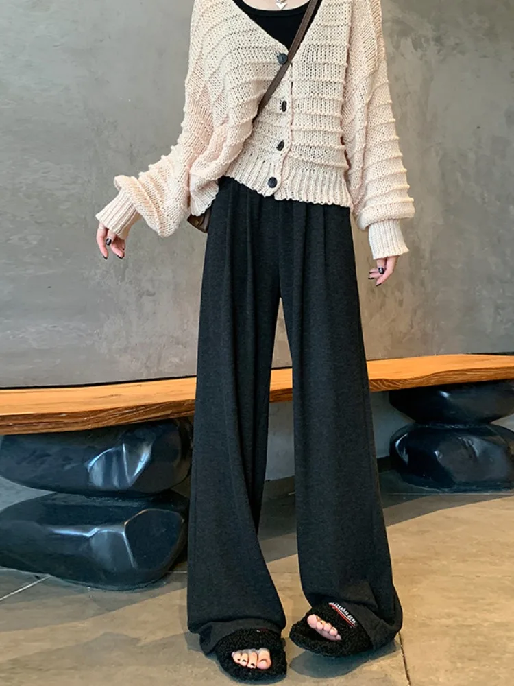 กางเกงขายาวเอวสูงทรงหลวมสำหรับผู้หญิง สไตล์ลำลอง ผ้าพลิ้ว ใส่สบาย เหมาะสำหรับฤดูใบไม้ร่วงและฤดูหนาว รุ่นใหม่ ช่วยให้ดูสูงขึ้น