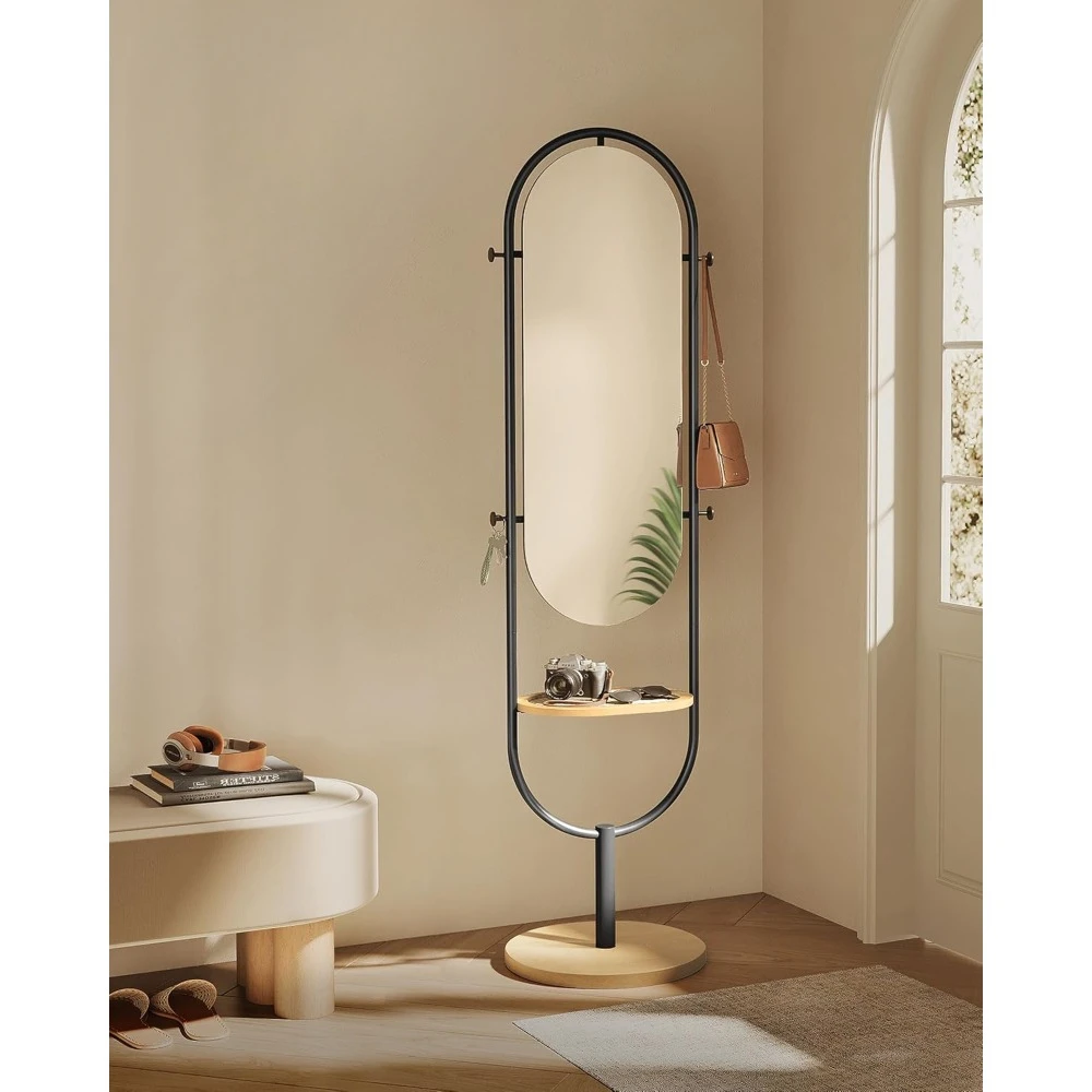 3-in-1, Modern Standing Full Body Mirror, 16.5 x 18.9 x 68.9 Inches, Living Room, Bedroom, Oak Beige and Ink Black