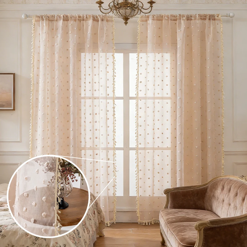 Korean Style Sheer Curtains with Tassel Light Filtering Voile Drapes Privacy Window Treatment for Home Living Room Bedroom Study