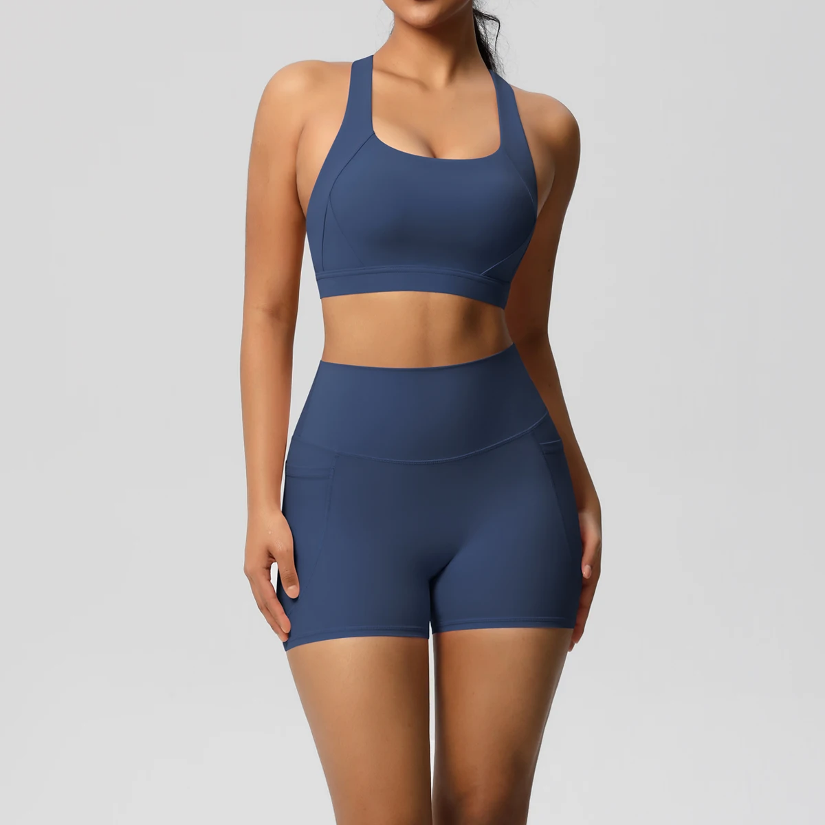 Ropa deportiva con bolsillo para mujer, conjunto de Yoga, ropa de gimnasio, trajes de Yoga para mujer, chándales, pantalones cortos deportivos, sujetador cruzado, mallas de gimnasio, 2 uds.