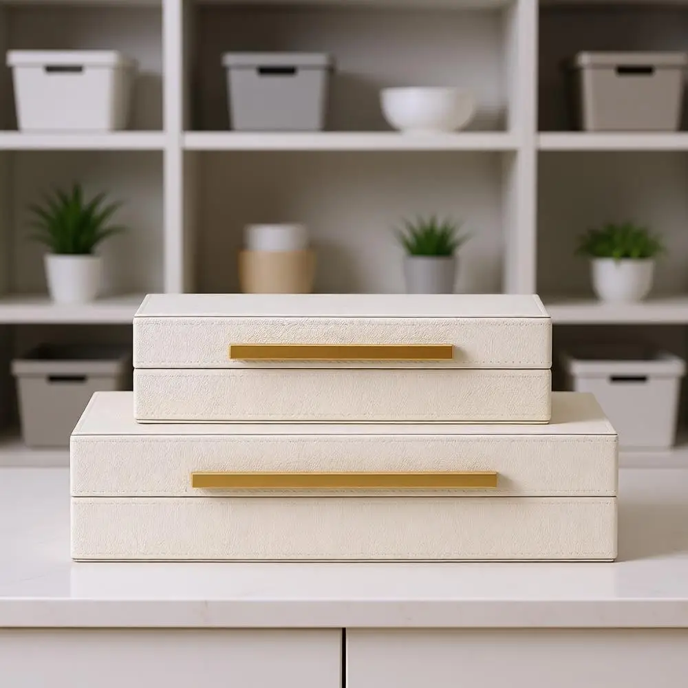 

Beige Shagreen Decorative Storage Boxes with Gold Metal Handles – Faux Leather Jewelry & Memory Boxes, Nesting Photo Organizers