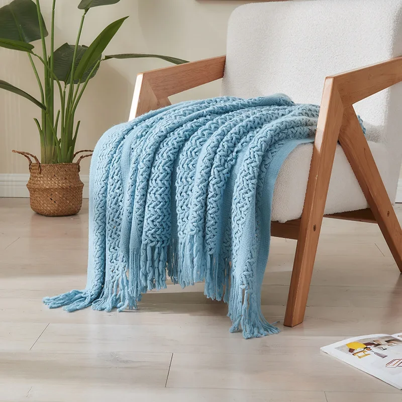 Nordic Solid Color Knitted Cozy Tassels Blanket Multi Functional Sofa Cover for Homestay Hotels Soft Hollowed-Out Bed End Towel