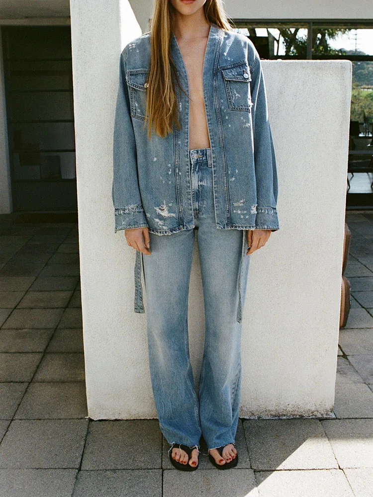 

Милый удобный джинсовый джинсовый тюнер, женское весеннее новое поступление, украшение с отверстиями, свободный крой, длинная застежка на пуговицах V-Ne