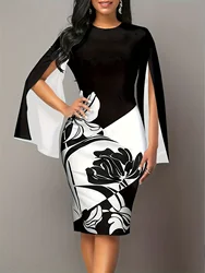 Women's Elegant Dress Plus Size Floral Print Round Neck Split Sleeve Bodycon Midi Dress