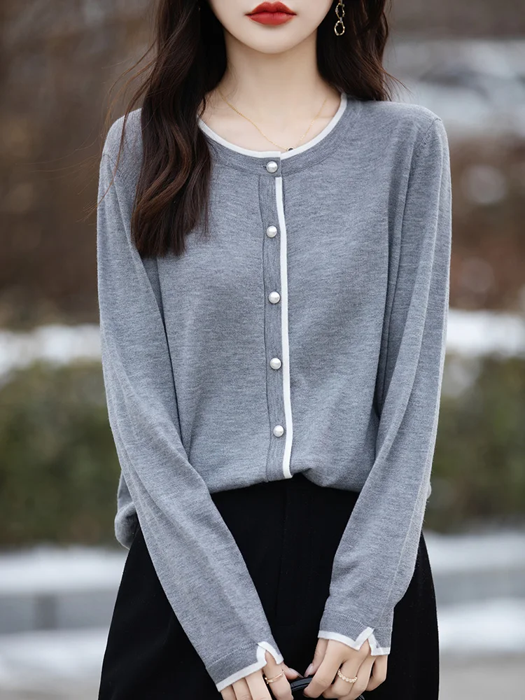 Women O-neck Pearl Button Wool Cardigan Spring Autumn Office Lady Grace Basic Soft Sweater 30% Merino Wool Knitwear Female Cloth