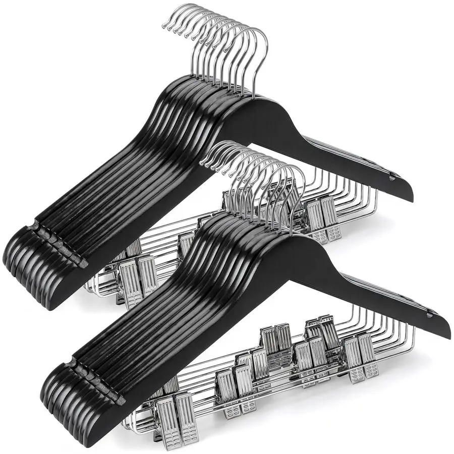 

Деревянные вешалки для костюмов с регулируемыми металлическими зажимами, 20 штук, вешалки для одежды из массива дерева, с поворотным на 360° крючком, премиум-класса