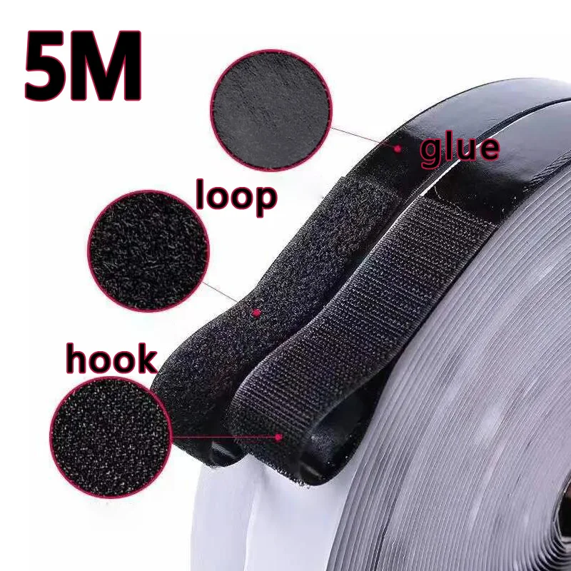 Cinta de Gancho y Bucle de Alta Resistencia de 1M/5M, Tela de Nailon Negra con Velcro Adhesivo Fuerte para Manualidades, Organización del Hogar y Prendas