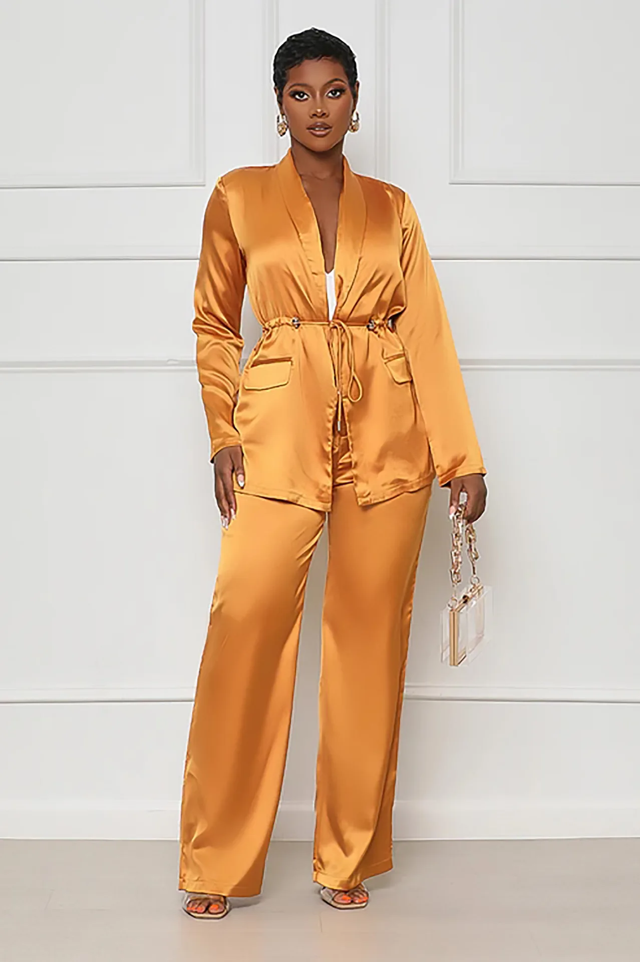 

Two-Piece Silk Suit for African Women, V-Neck Lace Up Shirt, Wide Leg Pants, Casual Fashion, Autumn