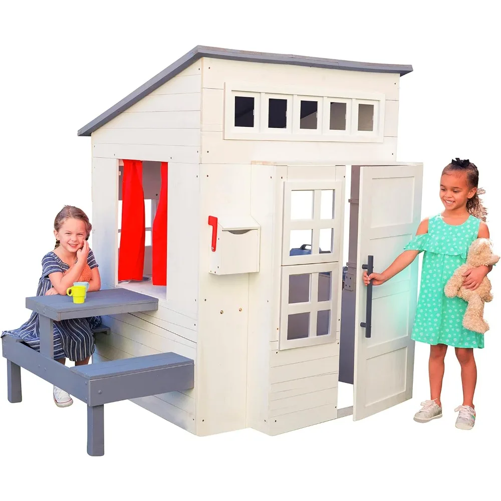 

Modern Outdoor Wooden Playhouse with Picnic Table,Mailbox,Outdoor Grill,Fabric Curtains and Chalkboard, Outdoor Kids Palyhouse