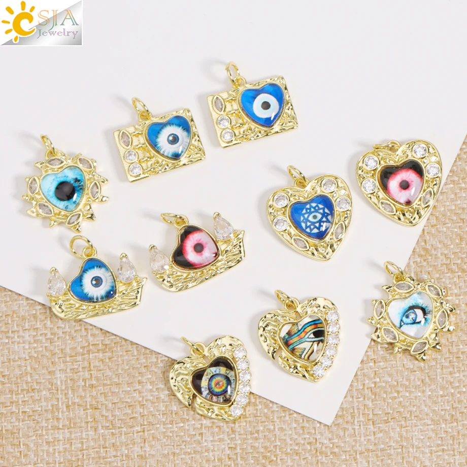 CSJA Heart Evil Eye Pendant for Making DIY Necklace Earrings Gold Color CZ Crystal Charm Jewekry Founding Accessories T084