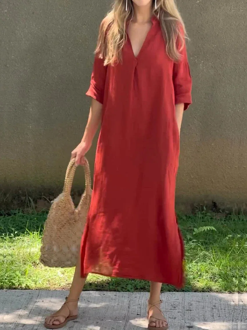 

Women's Dress Fashion Side Slit V-Neck 3/4 Sleeve 2025 Summer Vintage Cotton Linen Solid Color Casual Pocket Elegant Robe Femme