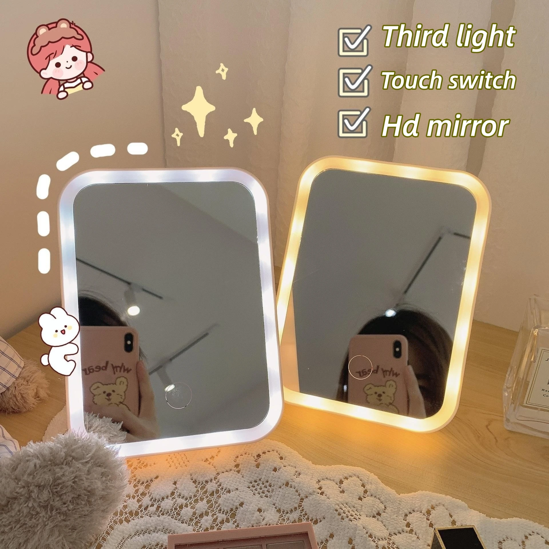 Japanese Style Cute 3 Kinds Of Light Warm Cold Light Desktop Makeup Mirror LED Complement Mirror Bedroom Vertical Makeup Mirror