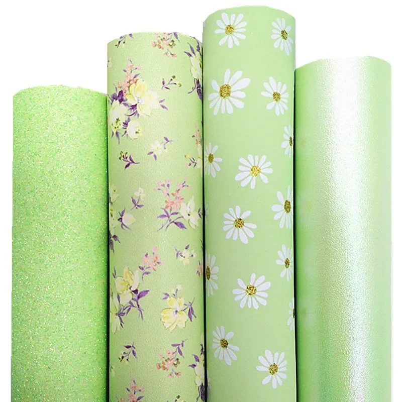 Green Chunky Glitter Leather Flowers Printed Synthetic Leather Pearlized Faux Vinyl Leather Sheets For Bows DIY 21x29CM Q884