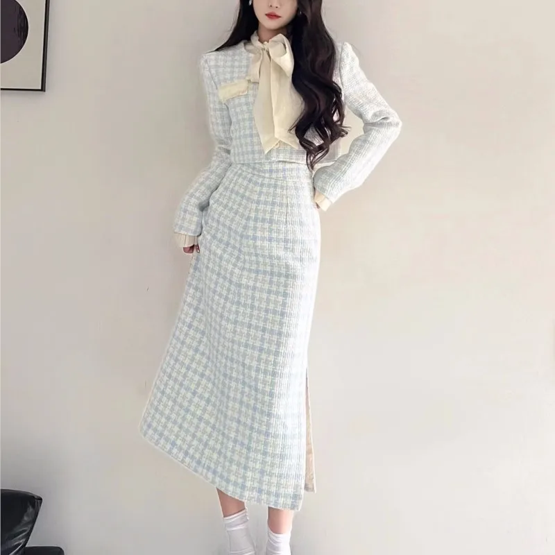 Korean Fashion Luxury Elegant Two-piece Skirt Sets Women Crop Jacket Coat Bodycon Midi Skirt Autumn Winter New Female Outfits