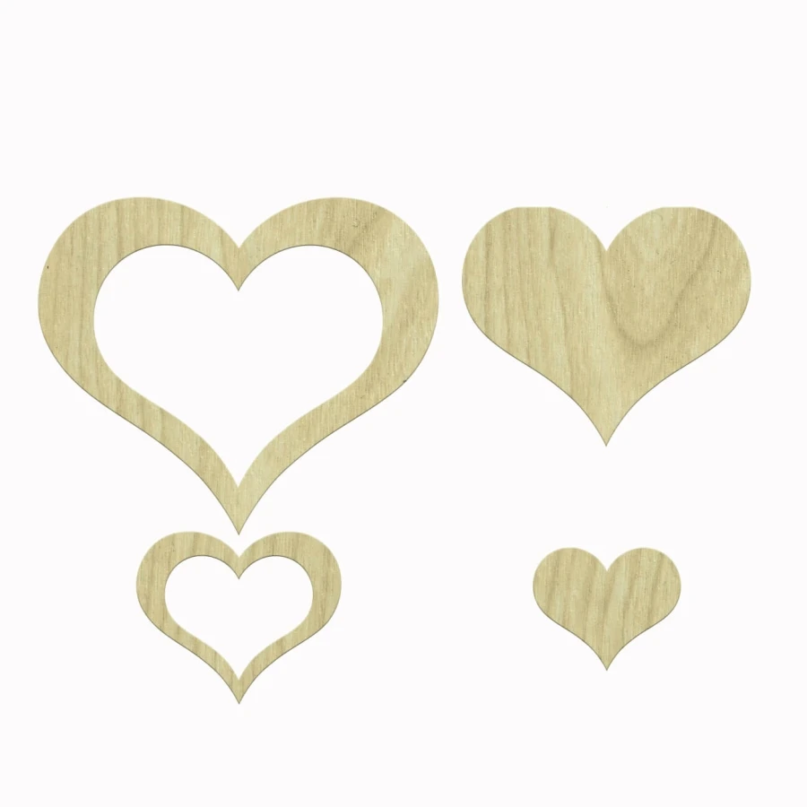 KD148 Heart Motif 4lü Set Wooden Package Ornament, Raw Wood Ornament