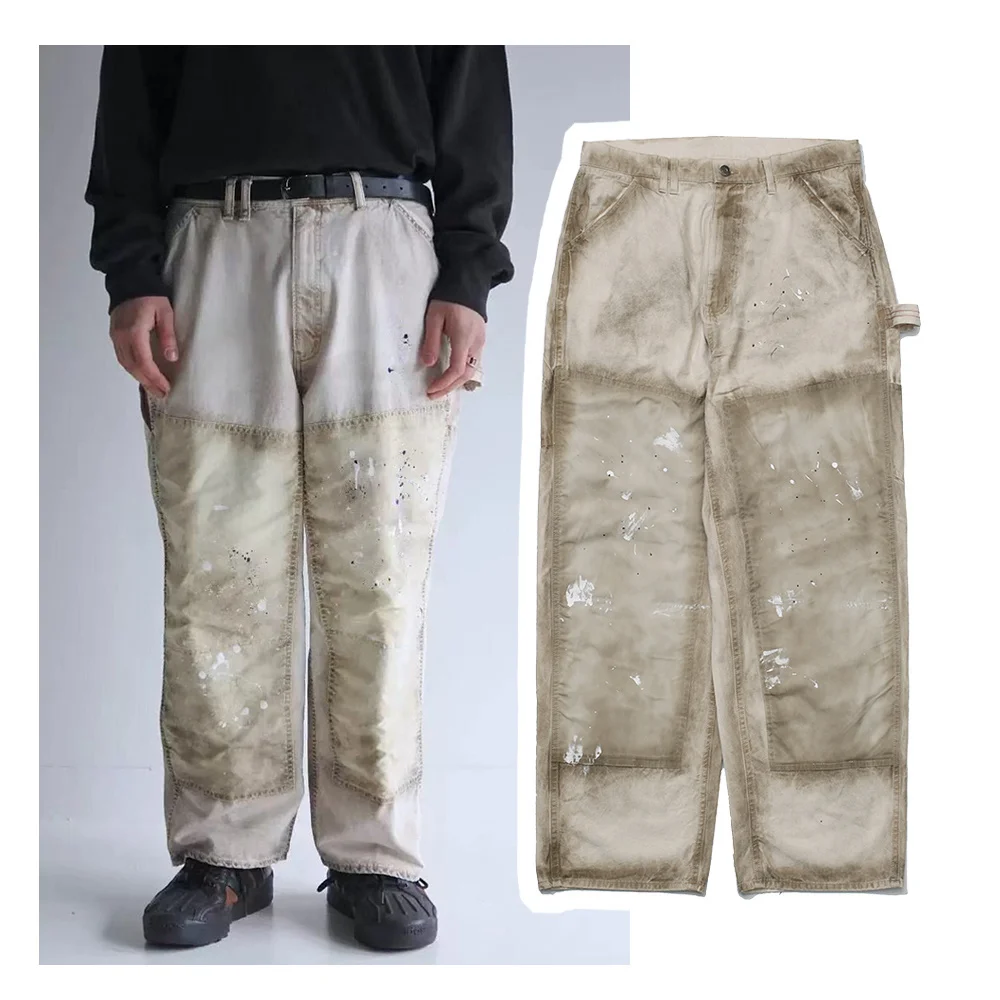 

Retro Waed Distred Ink Splatter Workwear Pants Loose Straight Casual Logging Pants Youthful Vitali Sle Cotton Fabric