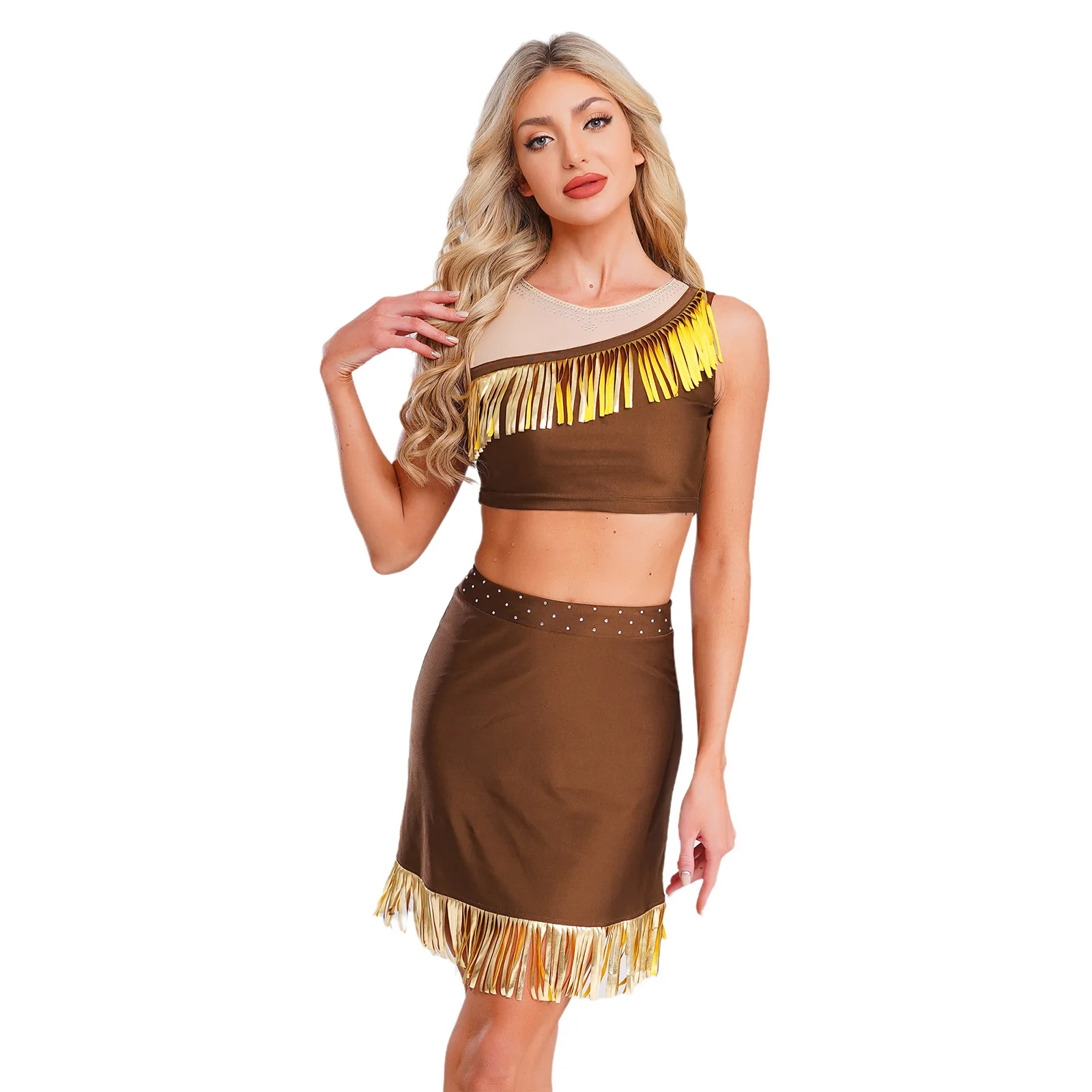 

Women Halloween Stylish Native American Cosplay Outfits Metallic Tassel Vintage Tank Top And Miniskirt Set for Party Carnival