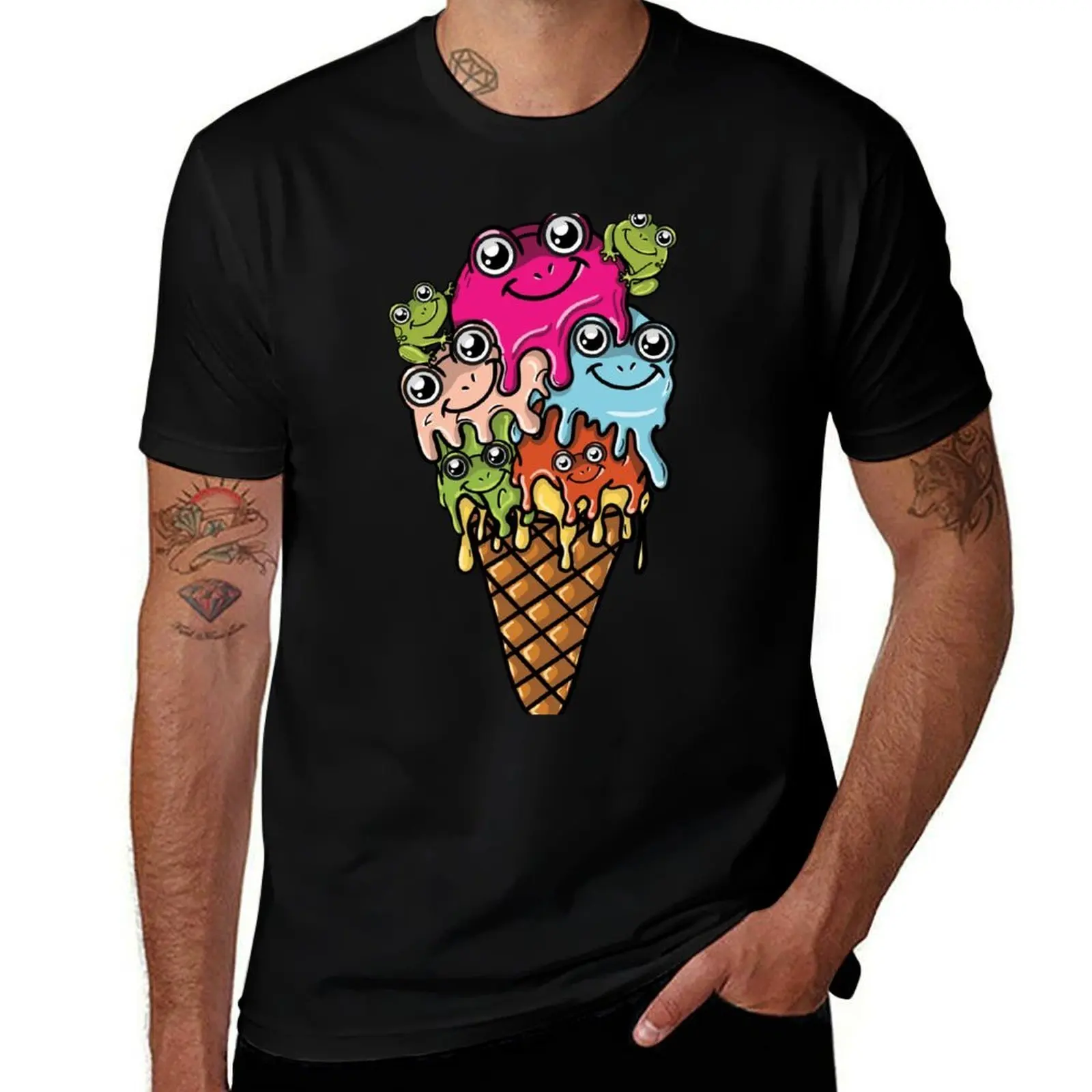 

Ice with colorful scoops in a conical cone with little frogs T-Shirt oversizeds boys whites anime shirt mens workout shirts