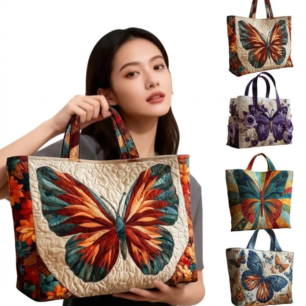

Butterfly Patterns Women Quilted Tote Bag Vintage 3D Printed Patterns Canvas Shoulder Bag Cotton Lightweight Travel Handbag