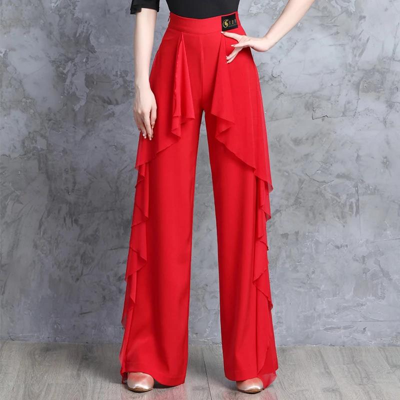 

Wide Leg Pants Ballroom Dance Pants Women's Samba Dance Wear Stage Costume Mesh Tango Training Trousers Practice Clothing XH3028