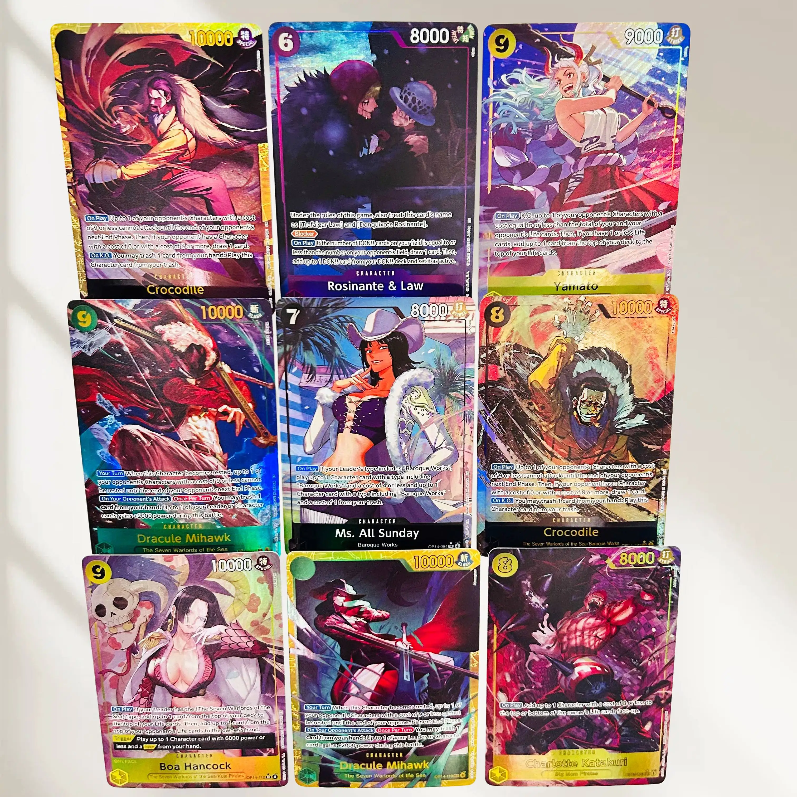 DIY One Piece 9pcs Crocodile Law Yamato Mihawk Hancock Holographic Texture Cards English Version Classic Anime Collectible TCG