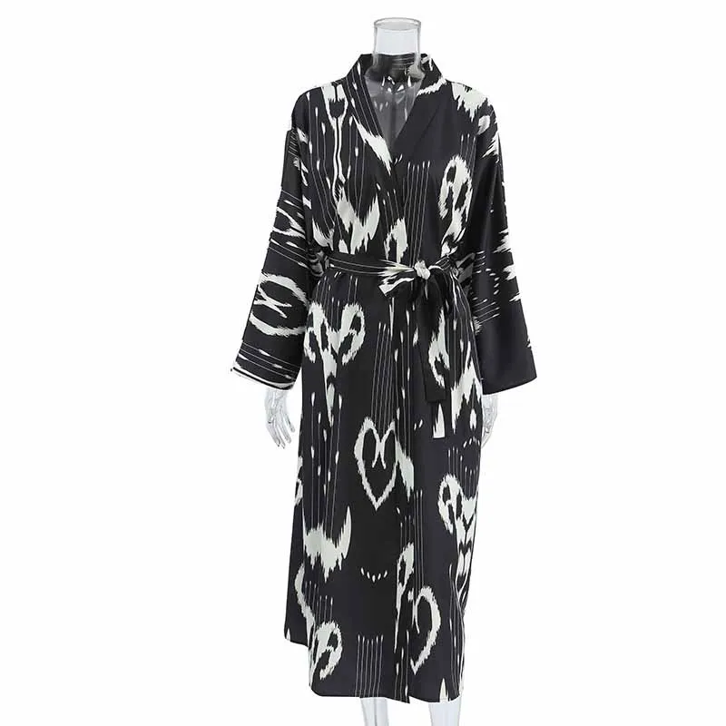 Newest Fashion Robe Sleepwear Black White Print Kimono Casual Gown Loose Belt Homewear Bathrobe Comfy Soft Dressing Gown