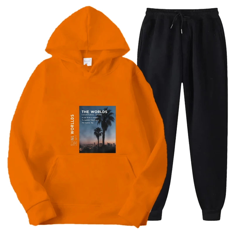طقم هوديي بنطال رياضي برتقالي وأسود مطبوع عليه جمجمة ملابس غير رسمية للرجال والنساء ملابس خريف وشتاء موضة ملابس الشارع #2