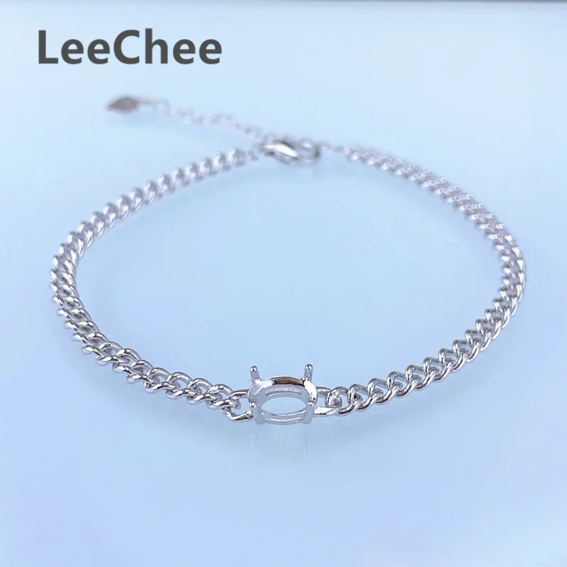 

Bracelet Base for 5*7MM Oval Cut 1CT Moissanite or Gemstones Handmade Jewelry Findings Cuban Chain DIY Real 925 Sterling Silver