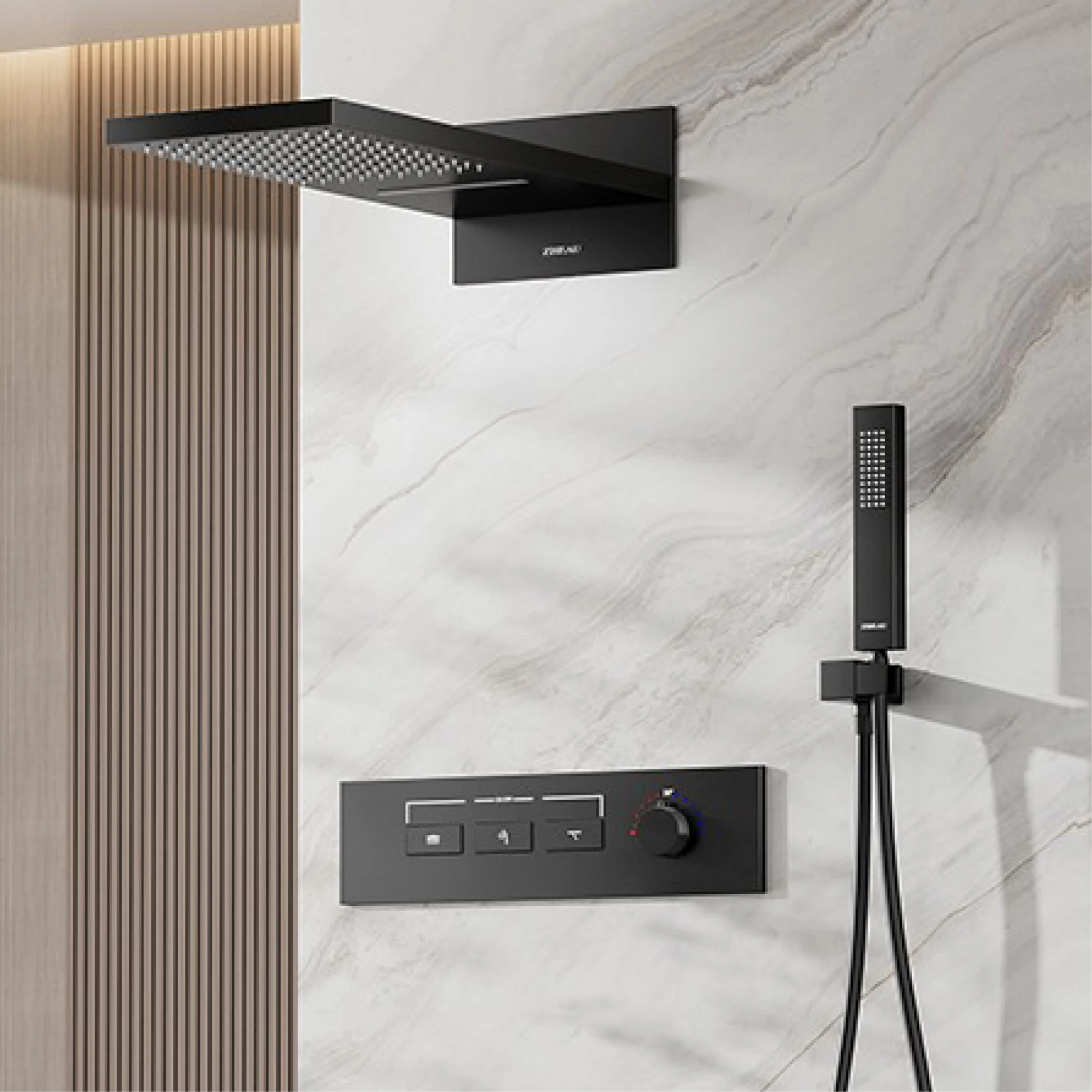 Luxury Brass Gun Gray Wall Mounted Shower System, Wall Mounted Design with Constant Temperature LED Digital Display Bathroom Tap