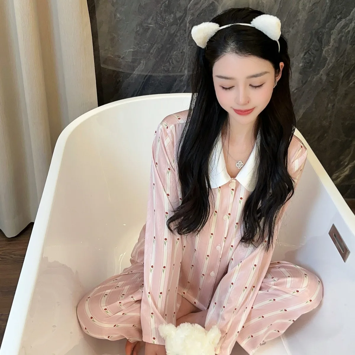 

Women Pajamas Set Satin Silk New Cardigan Pyjamas Loungeweat Cute Girl's Doll Collar Sleepwear Striped Long Sleeve Thin Style