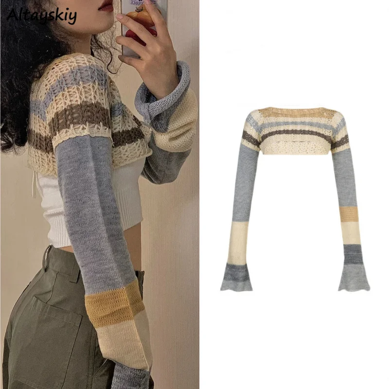 

Pullovers Women Striped Panelled Spring New Cropped Streetwear Sun-proof Vintage Fashion American Style Chic Personality Casual