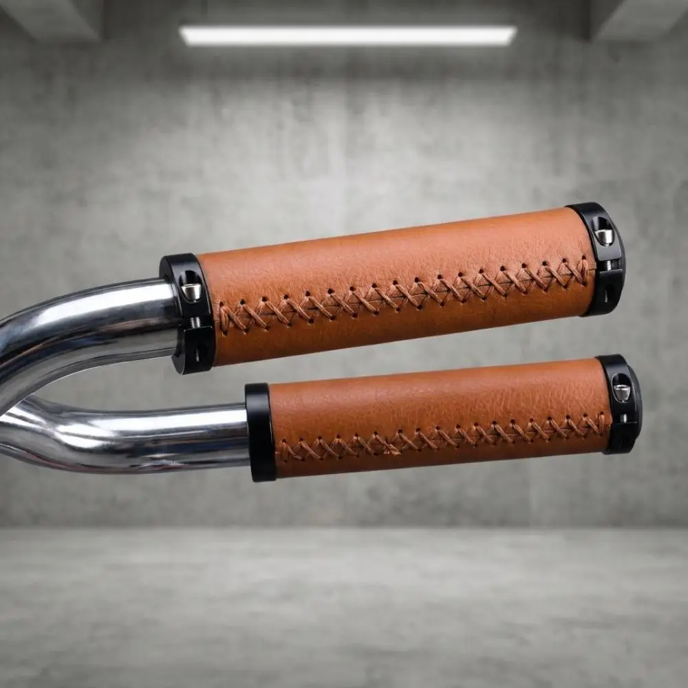 

Leather Material Bike Leather Handle Cover Shock-absorbing Alloy End Bike Handlebar Grips Easy to Install Retro Style