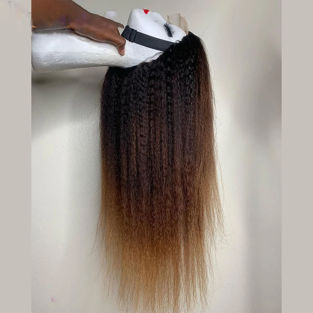 Glueless Yaki Ombre Brown Kinky Straight 26Long 180Density Soft Lace Front Wig For Black Women BabyHair Heat Resistant Prepluck